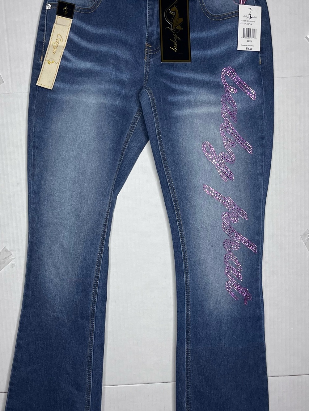 Baby Phat Medium Blue flare Jeans with Pink Rhinestone Script Size 5